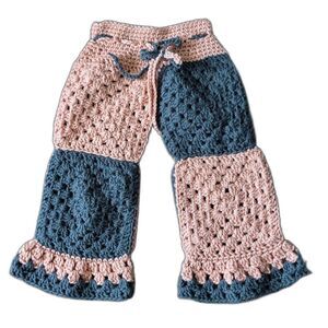 Handmade Crochet Patchwork Granny Square Flare Pants Pink/Gray Drawstring 2T